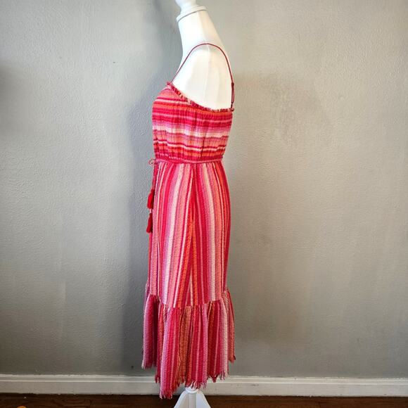 Greylin Striped Tiered Midi Sundress XS Tassel Fringe Crinkle Sleeveless Boho - Picture 4 of 14